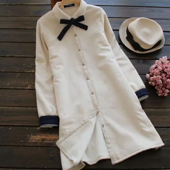 Осенняя Милая короткая бархатная рубашка с бантом Женская туника из хлопка и