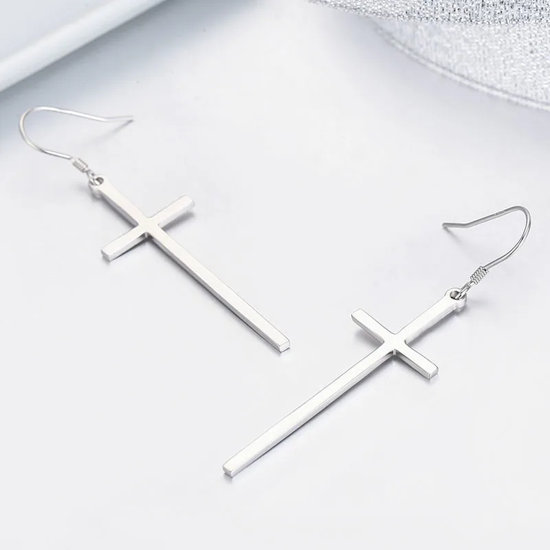 Real 925 Sterling Silver Long Cross Drop Dangle Hook Earrings For Women Girls Jewelry Gift Pendientes Aros Oorbellen Orecchini|earrings for|hook