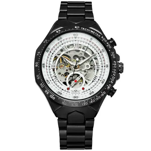 WHITE SILVER WINNER мужские золотые часы, автоматические механические часы, мужские наручные часы со скелетом, ремешок из нержавеющей стали, роскошный бренд, спортивный дизайн - Цвет: WHITE SILVER
