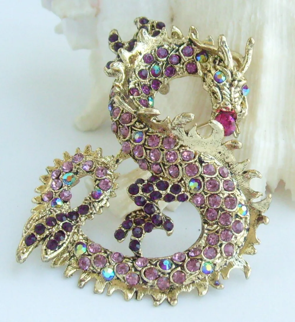 Уникальная китайская брошь с драпировкой Лон фиолетовые стразы кристалл