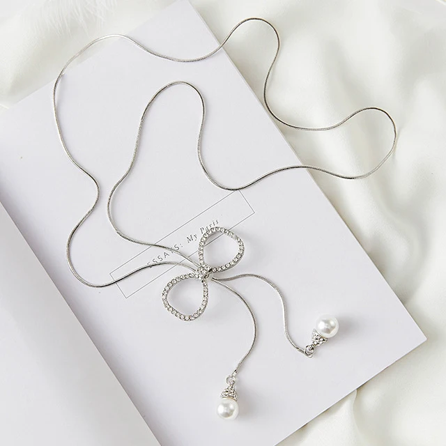 Ladies Rhinestone Bow Long Necklaces Sweater Chain Imitation Pearl Pendants Necklace Adjustable Tassel For Women | Украшения и