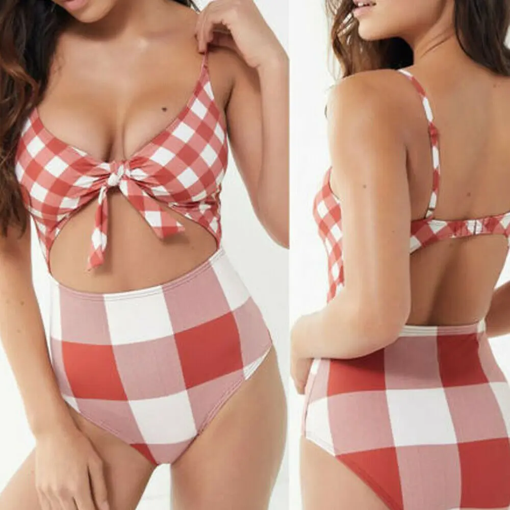 Горячие для женщин Push Up комплект бикини клетчатая Высокая талия мягкий танкини
