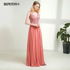 PHOTO COLOR Vestido de festa, длинное вечернее платье с v-образным вырезом, розовые вечерние платья с кружевными цветами, элегантные вечерние платья, горячая Распродажа, длина до пола, платья для выпускного вечера - Цвет: PHOTO COLOR