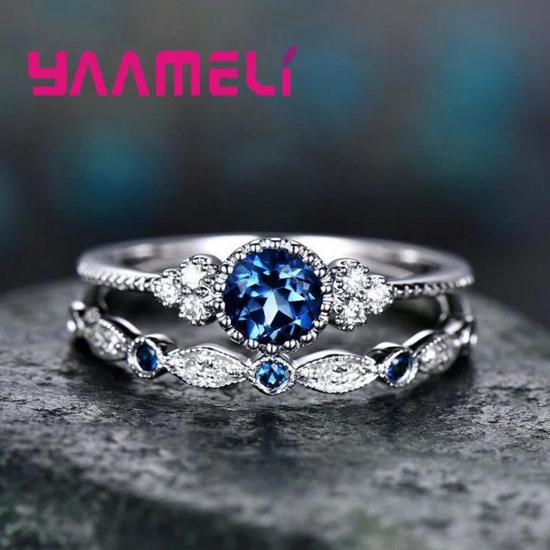 Blue Модный Хрусталь, циркон, камень, обручальные кольца на палец, 925 пробы, серебряное кольцо на кастет для влюбленных, ювелирные изделия, зеленый, фиолетовый, синий - Цвет основного камня: Blue