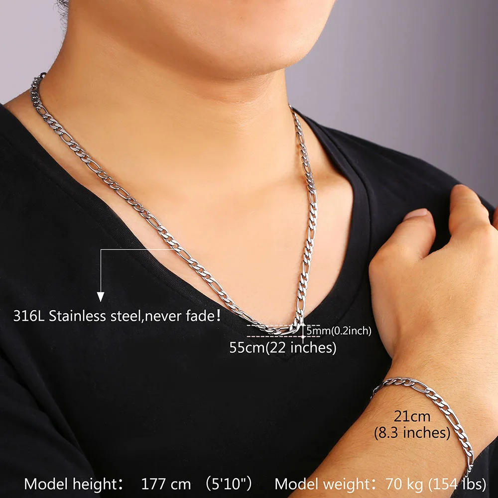 Ювелирные наборы унисекс крупная цепочка Figaro из нержавеющей стали 316L никогда не