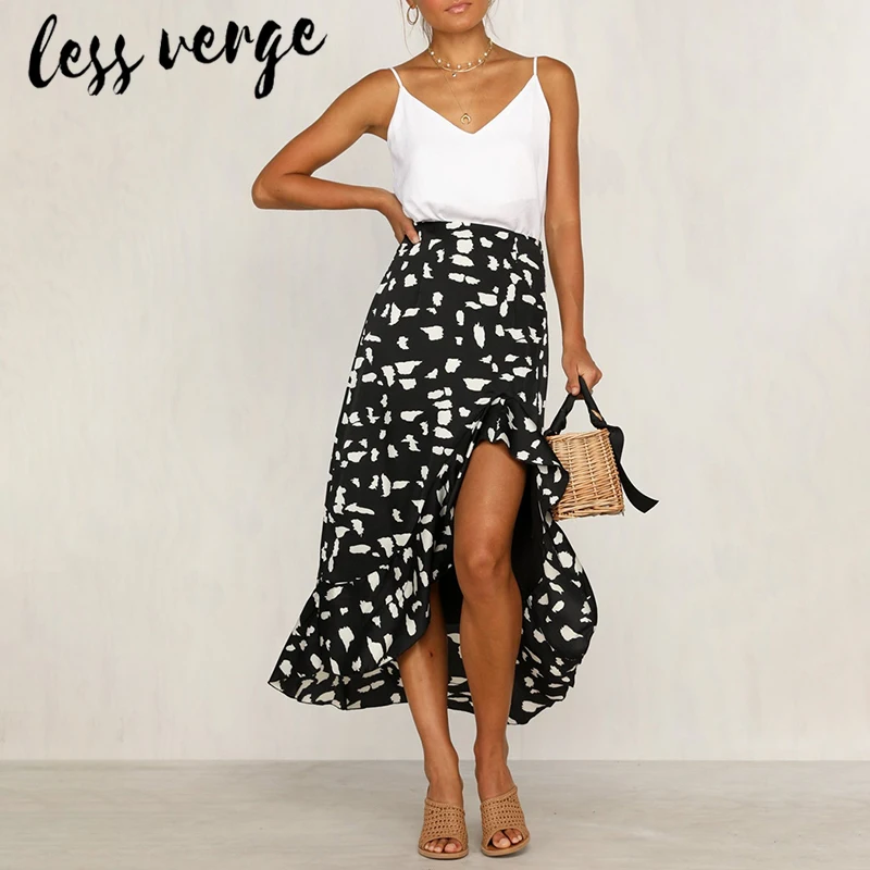 Lessverge/черная длинная юбка в горошек с оборками повседневная высокой талией