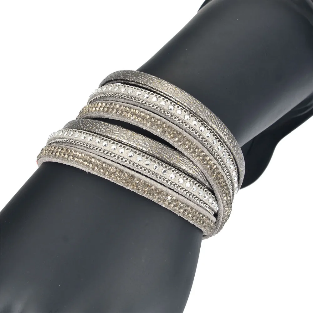 Женский кожаный браслет с двойной металлической цепочкой и кристаллами|wrap leather