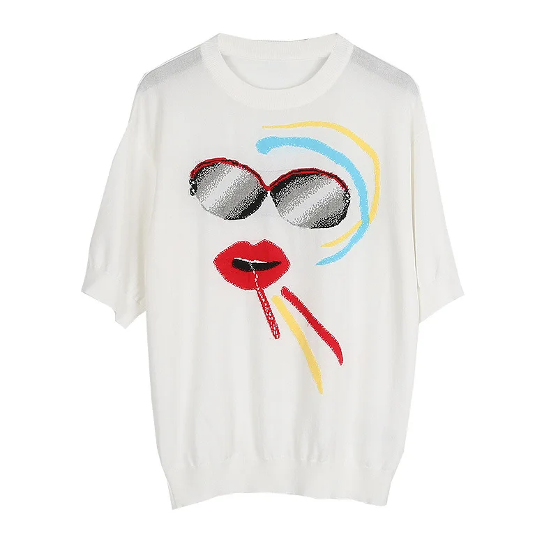 Womens Sweater Tops Fashion Cartoon Expression Embroidered Spring Summer Autumn Female Rainbow Ice Silk Knitted Pullovers Shirts | Женская