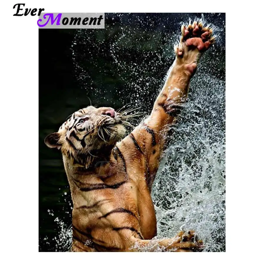 Ever Moment Алмазная картина с тигром играя в воду полностью квадратная стразы