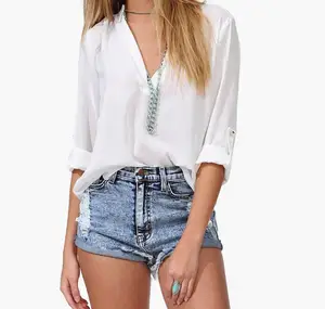 Женская шифоновая рубашка Весна-лето-осень, Женская Повседневная белая, черная, синяя шифоновая рубашка с длинным рукавом и V-образным вырезом, блузка большого размера