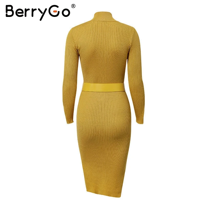 BerryGo, элегантный желтый длинный свитер, вязаное платье для женщин, пояс, бодикон, Осень-зима, платье, повседневное, тянущееся, женское платье festa