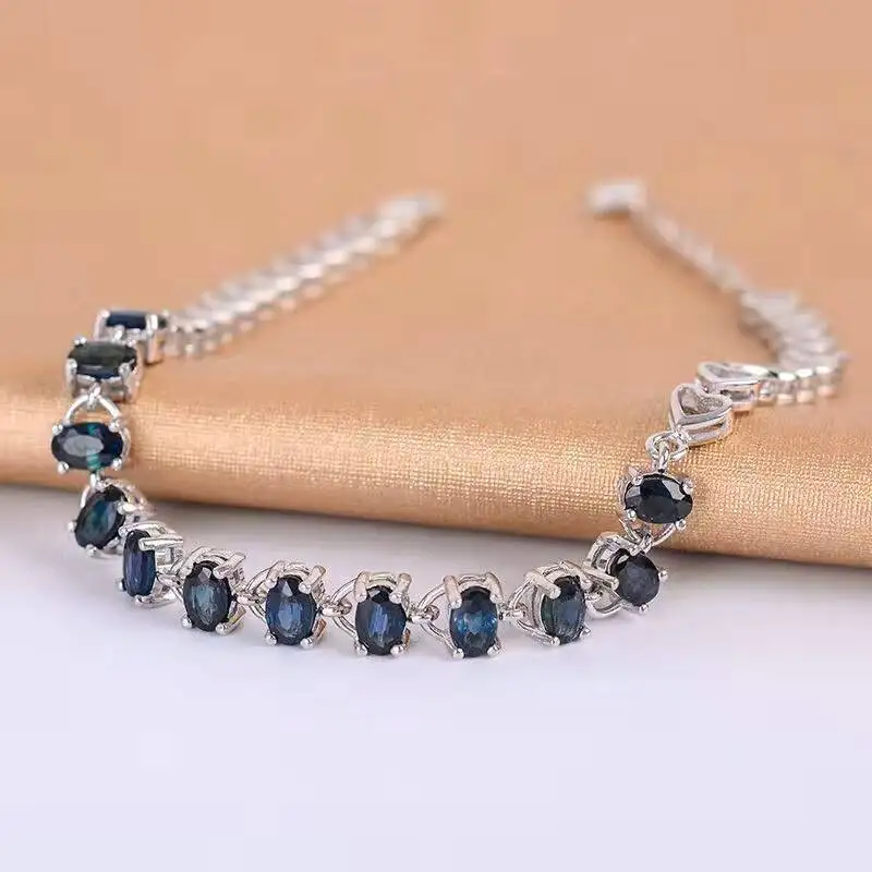 Акция Сапфировый Браслет 12 шт. 3.6ct натуральный темно-синий сапфировый драгоценный камень браслет твердый 925 серебряный браслет с камнями