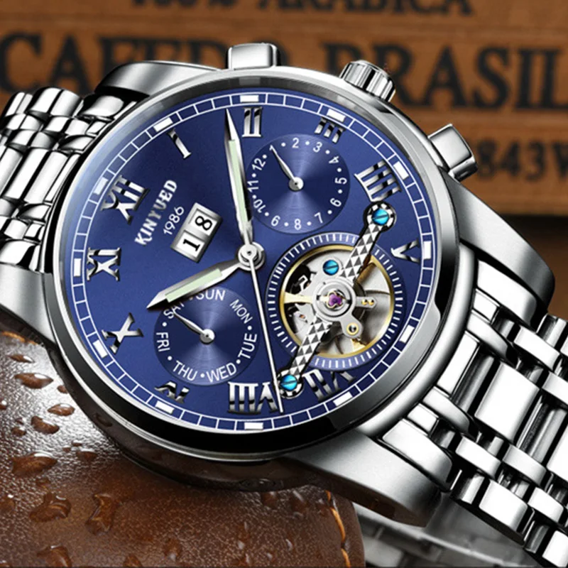 Роскошные мужские механические часы Tourbillon Kinyued Switzerland водонепроницаемые