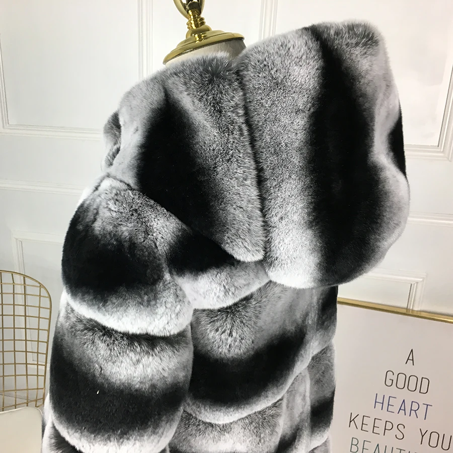 real rex rabbit fur coat short medium jacket warm for winter with fur hood