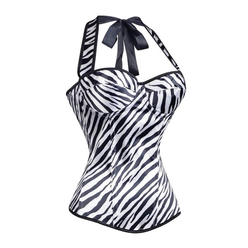 Черно-белый корсет в полоску с принтом зебры лямкой на шее молнии одной стороны