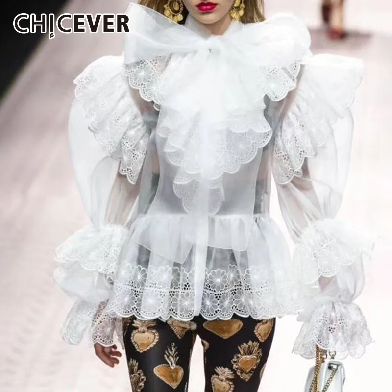 Женская блузка с бантом CHICEVER Элегантная пышными длинными рукавами и кружевной