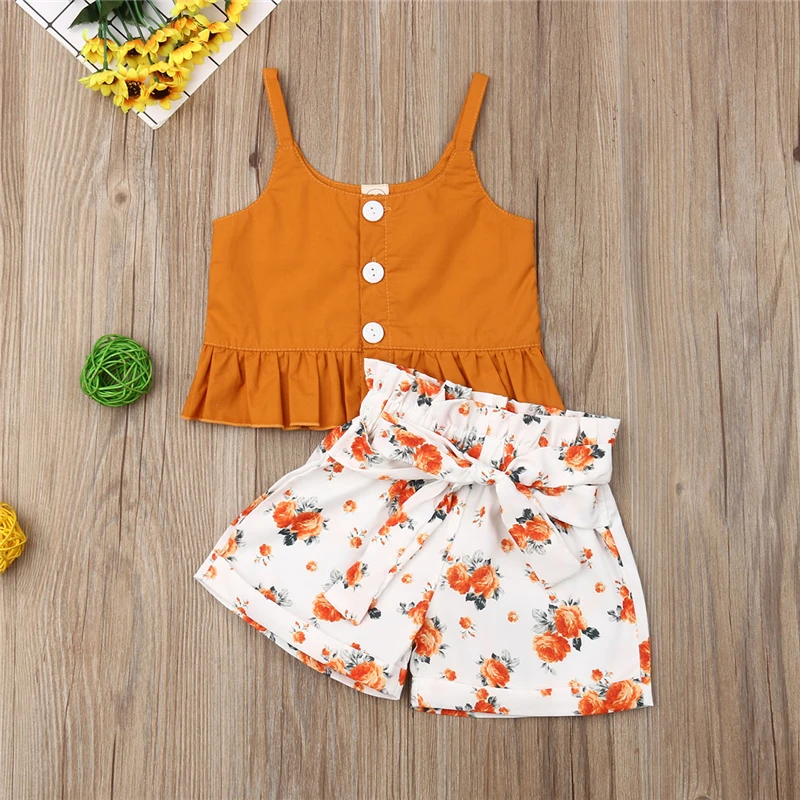 

Baby Girl Set Toddler Baby Girl Floral Vest Crop Tops Bow Short Pants Outfits Cloth 2PCS Sling Shorts Set