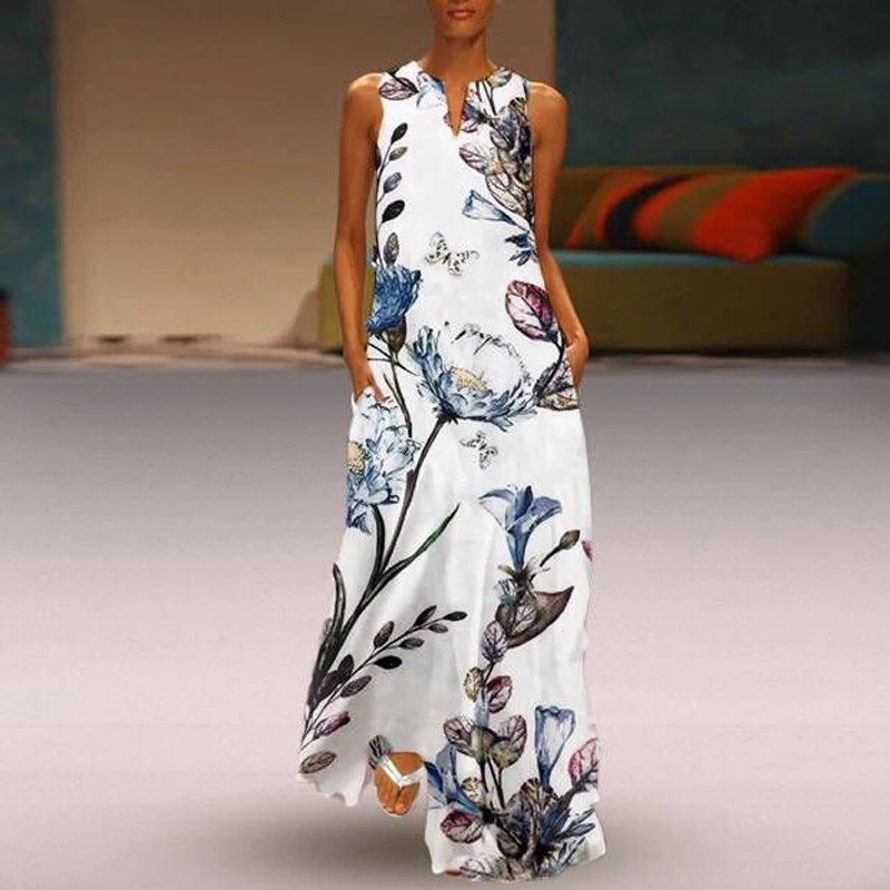 Летнее платье с принтом большие размеры 3xl без рукавов женские повседневные