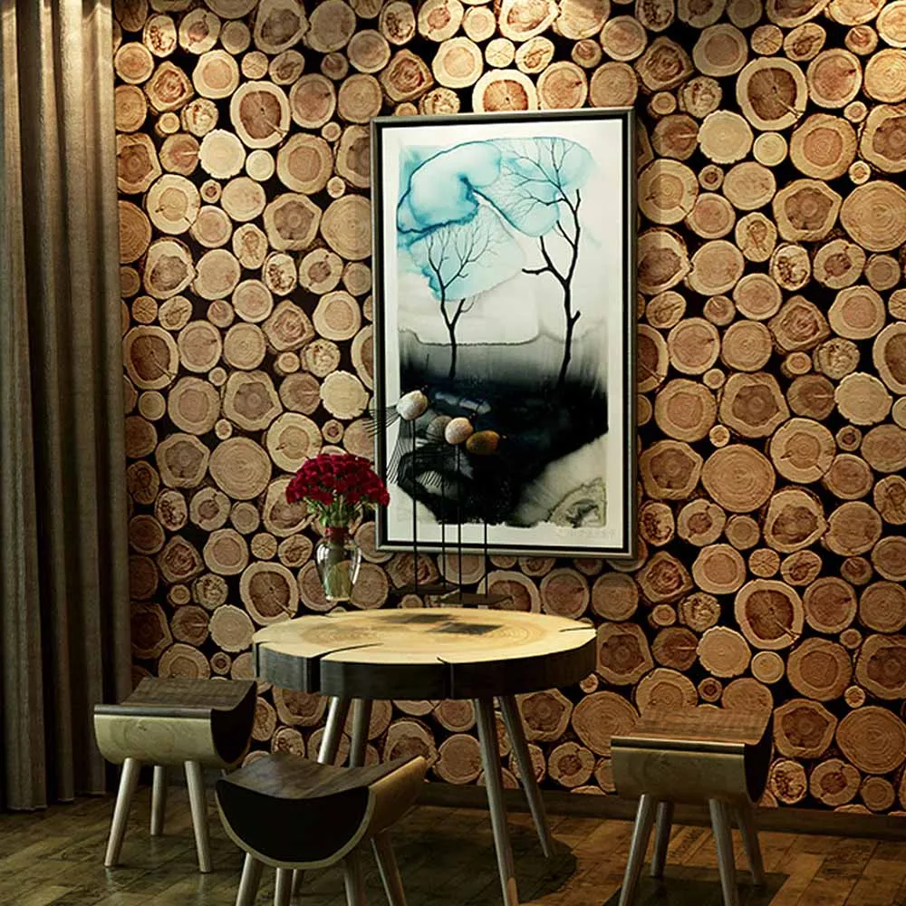53 см × 10 м обои 3D современная личность круглый деревянный кол древесины ностальгические ретро Бар Ресторан обои