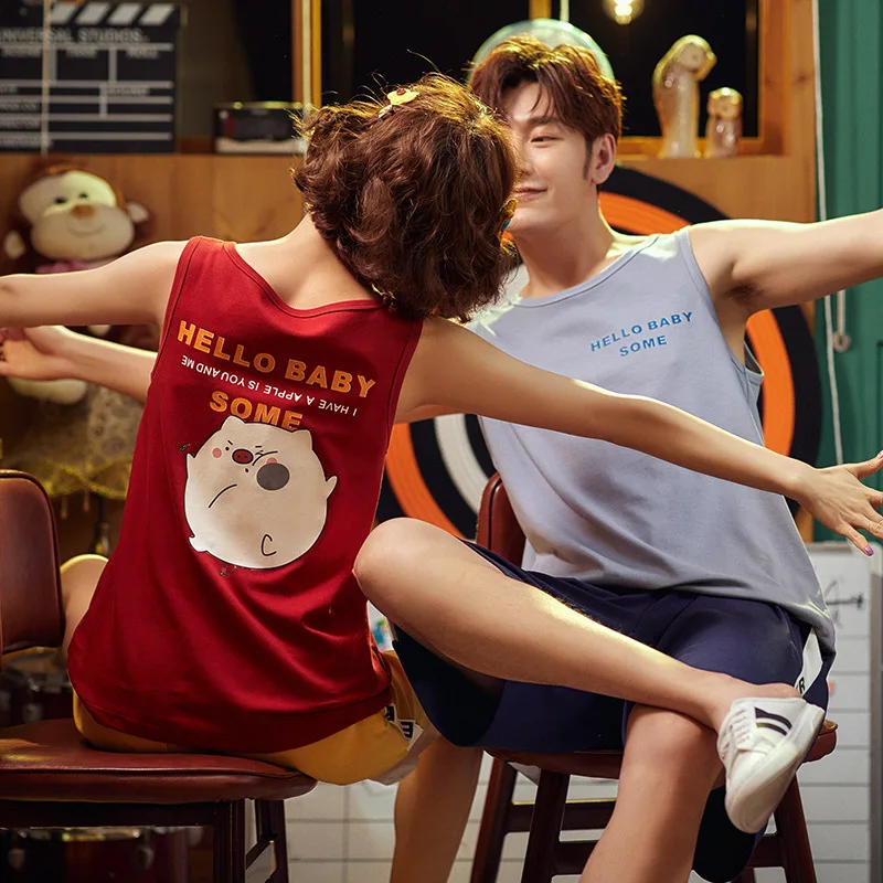 Летний милый Пижамный комплект для влюбленных пар топ на бретелях и шорты