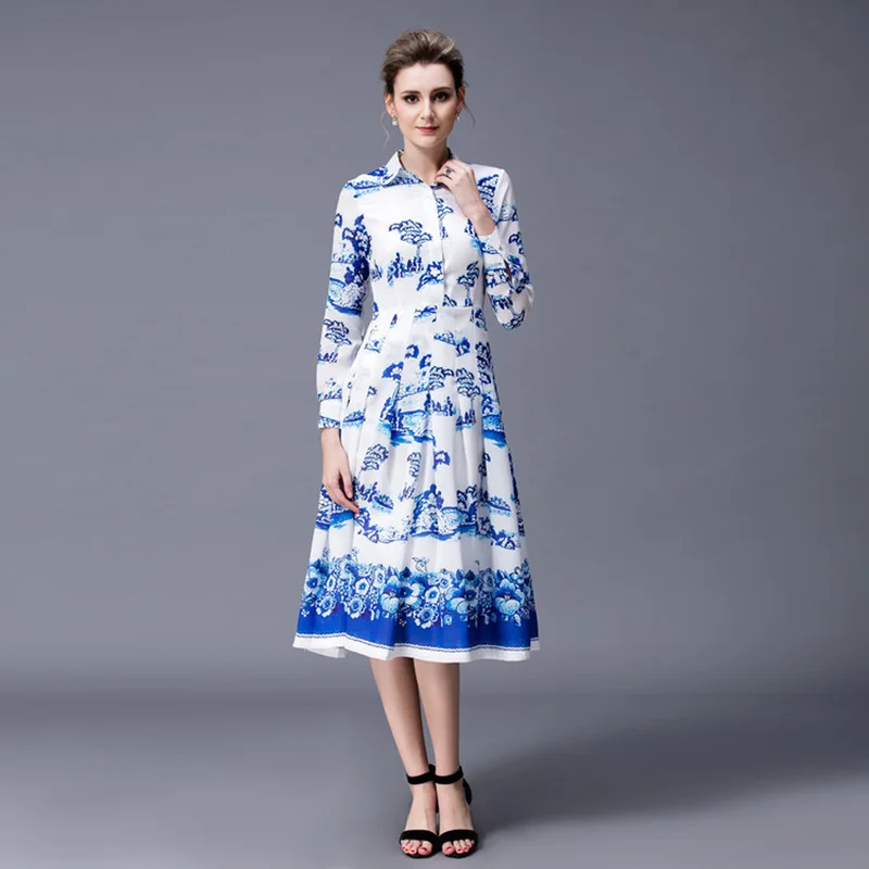 ВЫСОКОЕ КАЧЕСТВО Новые Моды 2017 Дизайнер Dress женская С Длинным Рукавом Синий