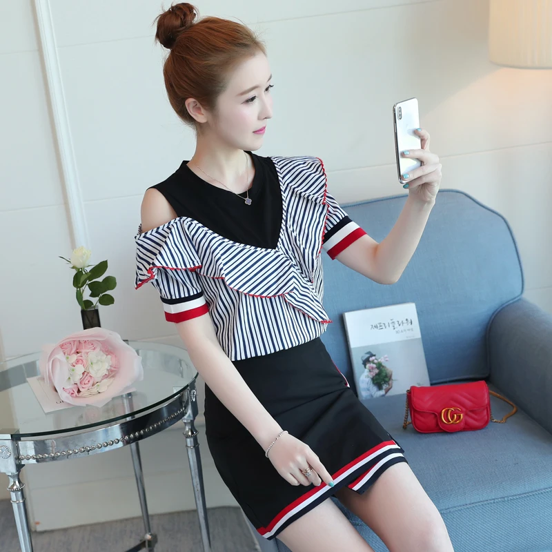 

summer wear strapless ruffled stripe shirt package hip a-line skirt Korean fashion two pcs suits women outfit style vestido
