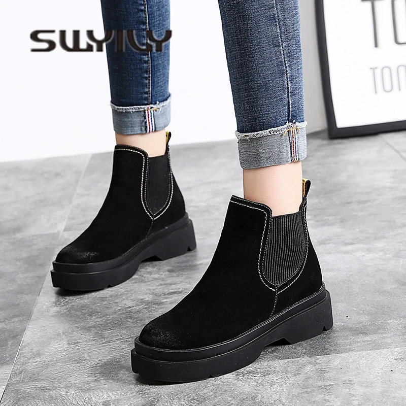 SWYIVY chaussures femme; кожаные ботинки; женские бархатные зимние ботинки; Новинка года; осенние модные ботильоны; женские ботинки без застежки