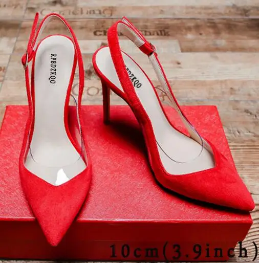 red 10cm Высокие каблуки ультра супер 11 43 Slingback 10 42 стилет черный Женская обувь марка ремень Плюс размер Pvc дизайнер экстремальный насосы Указательный палец китайская мода Китай Лето новая - Цвет: red 10cm