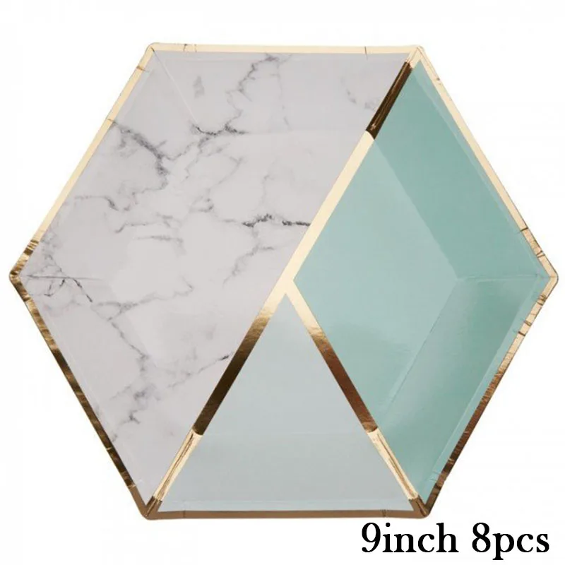 8pcs mint 9 plates Мятно-зеленый/Розовый Фольга золотые полосатые вечерние одноразовые наборы посуды клетчатая бумага тарелки салфетки для стаканчиков принадлежности для крещения на день рождения - Цвет: 8pcs mint 9 plates