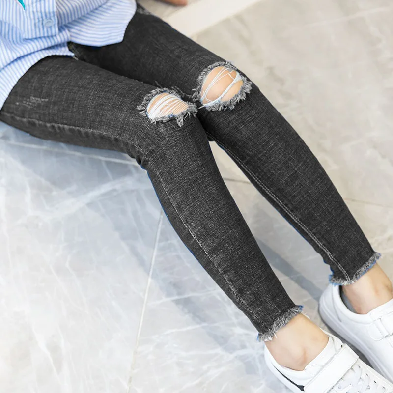 jeans Джинсы для девочек-подростков черные рваные брюки-карандаш брюки для маленьких девочек, джинсы для детей г., весенние детские штаны 10, 12 лет - Цвет: jeans