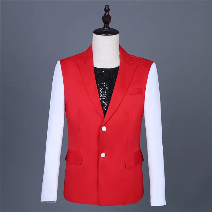 Red-White Stitching Blazers Set One Button Slim Fit Tuxedo Suit Men's Wedding Groomsmen Dress Singer Group Performance Costumes