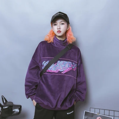 Jasmine Street Harajuku бархатная толстовка с длинными рукавами и градиентной горловиной, свободная тонкая кашемировая Толстовка BF - Цвет: Фиолетовый