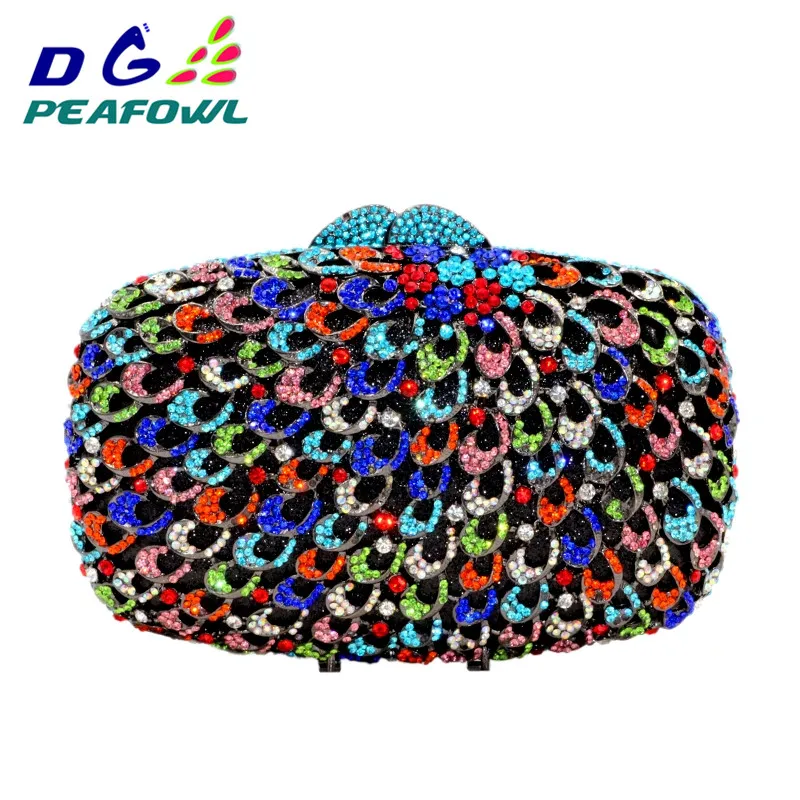 DG PEAFOWL Women Colorful Diamond Metallic Evening Party Clutch Bag Fashion Ladies Shoulder Chain Wedding Small Handbag Purse