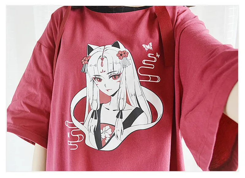 Harajuku, длинная футболка для женщин, свободные топы, кавайный принт, Одежда для танцев, женские японские топы, летняя футболка с рисунком, уличная одежда для девочек