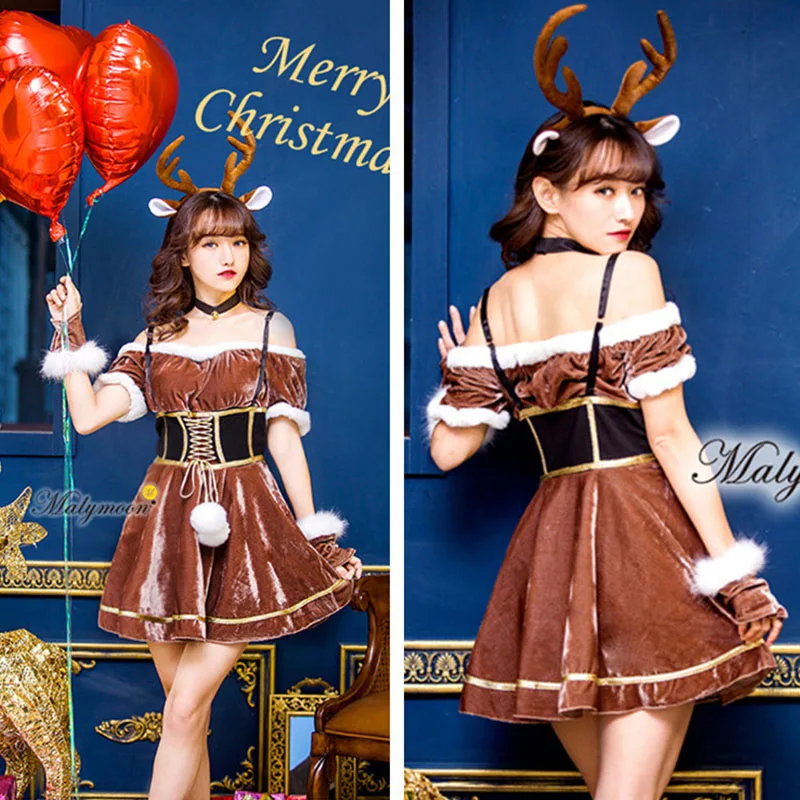 Санта Клаус Рождество костюмы для взрослых Для женщин Косплэй олень 2017 блесток