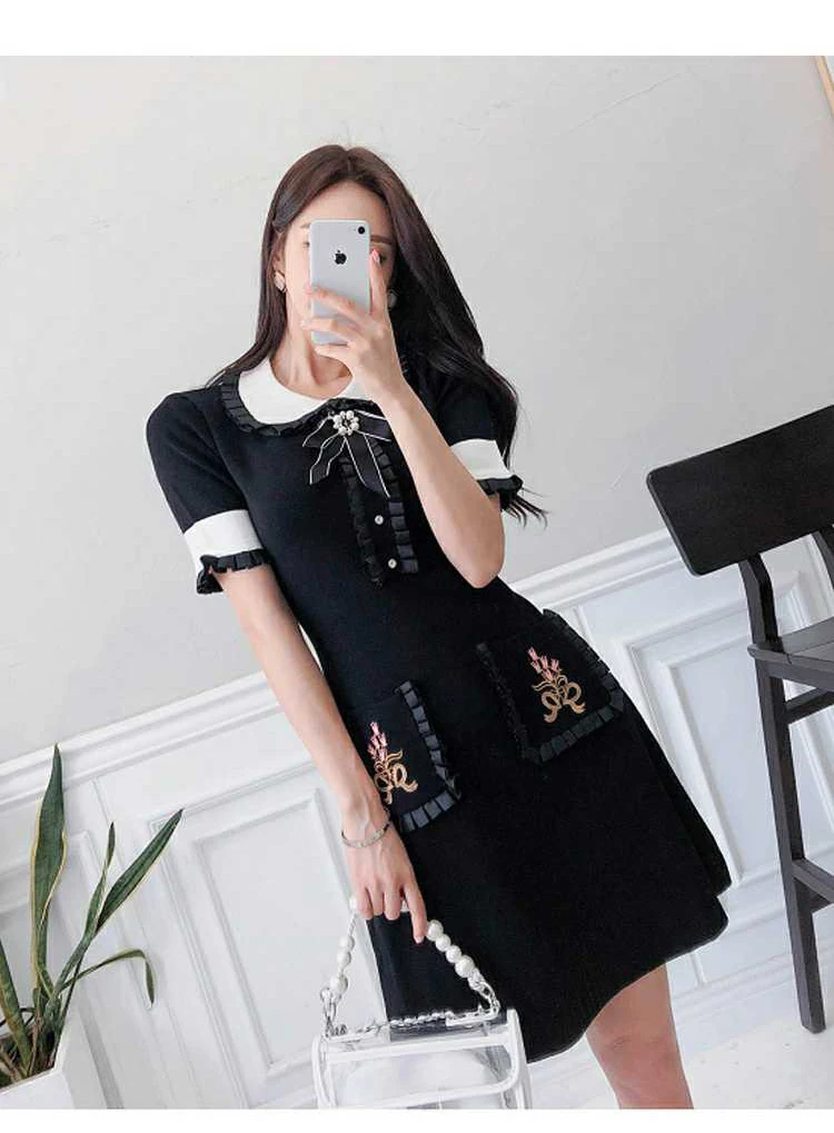 Trytree Autumn Winter Women Dress Casual Peter pan Collar Bow Embroidery Pocket Shirt Dresses Knitting Black Straight Mini Dress