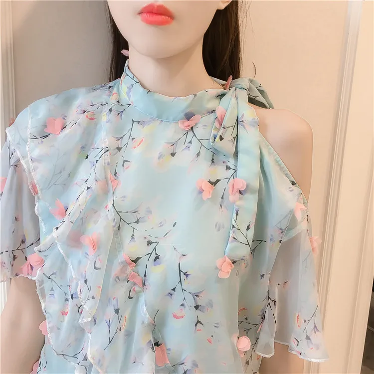 2020 Summer New Arrival Chiffon Blouse Loose Off Lotus Leaf Edge Ruffles Floral With Bow Free Shipping | Женская одежда