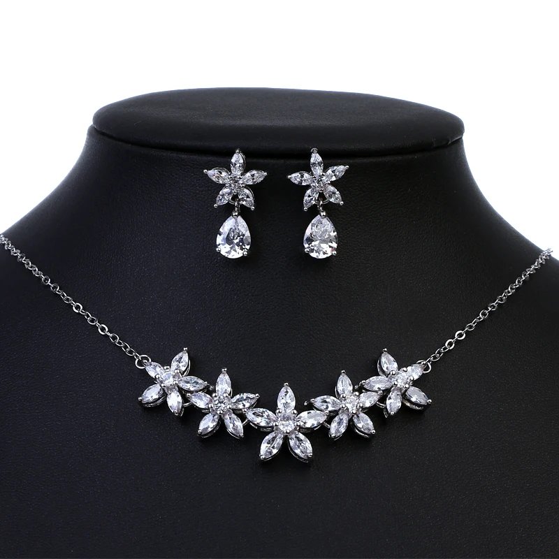 Emmaya Brand Fashion Flower Cubic Zircon Water Drop Pendant Crystal Earrings Necklace Set For Women Elegance Bride Jewelry Gift | Украшения