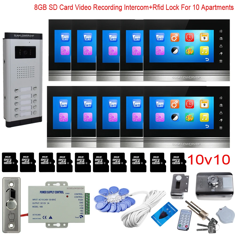 

For 10 Apartments Video Recording Video Intercom Kit Video Intercom With Rfid Card 8GB 7" Sd Card Indoor Monitor 10 Units Kit