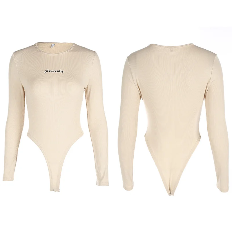 

Sexy Women Bodysuit Bodycon Round Neck Jumpsuit Romper Long Sleeve Slim Casual Embroidery Solid Color Playsuit