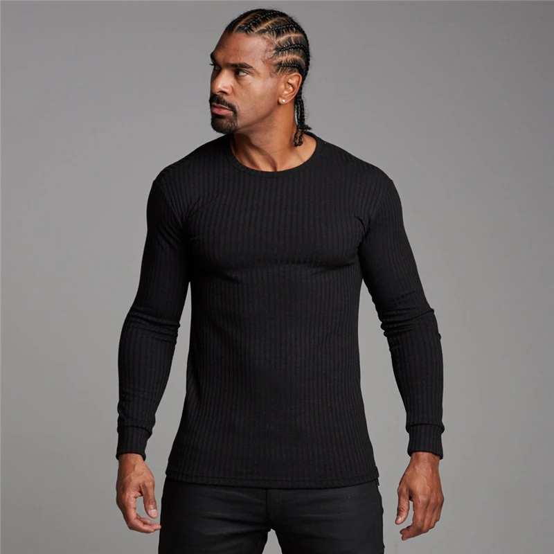 

Muscleguys Brand Long Sleeve Solid Color T-shirt Men Slim Fit Sweater Tracksuit Pullovers Casual Fitness Men Sportswear Big Size