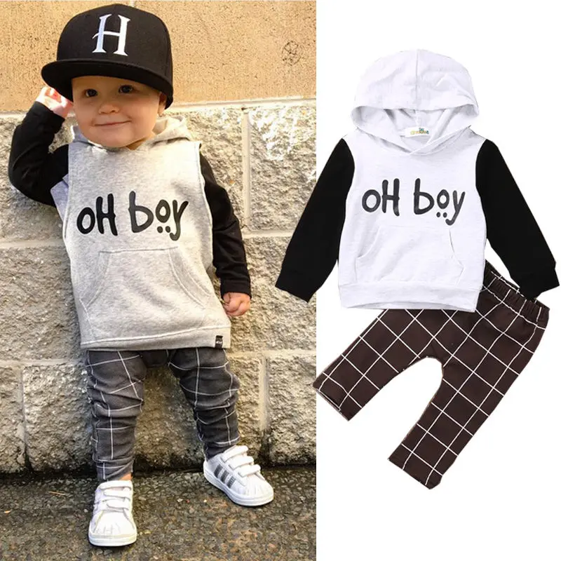2pcs Newborn Babys Clothes Set Oh Boy Long Sleeve Hooded Sweatshirt Tops Pant Outfit Toddler Kids Clothing 0-4Y |