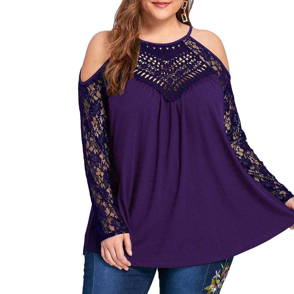 Wipalo плюс Размеры Для женщин блузки 5XL Cold Shoulder Lace Up топы Женская одежда соблазнительный кружевной вязаный прозрачная сетчатая блузка рубашки больших размеров - Цвет: Purple