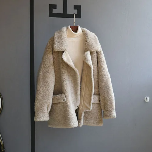 beige OFTBUY зимняя женская куртка из натурального меха, короткая овечья шерсть, Женская мотоциклетная верхняя одежда, Уличная Повседневная одежда - Цвет: beige