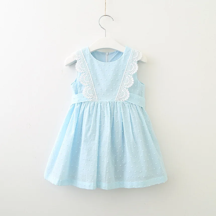 Retail Girls Summer Lace Cotton Dress Children Clothes Light Blue Sleeveless Causal Drawstring Dresses 2-7Y LT010 | Детская одежда и