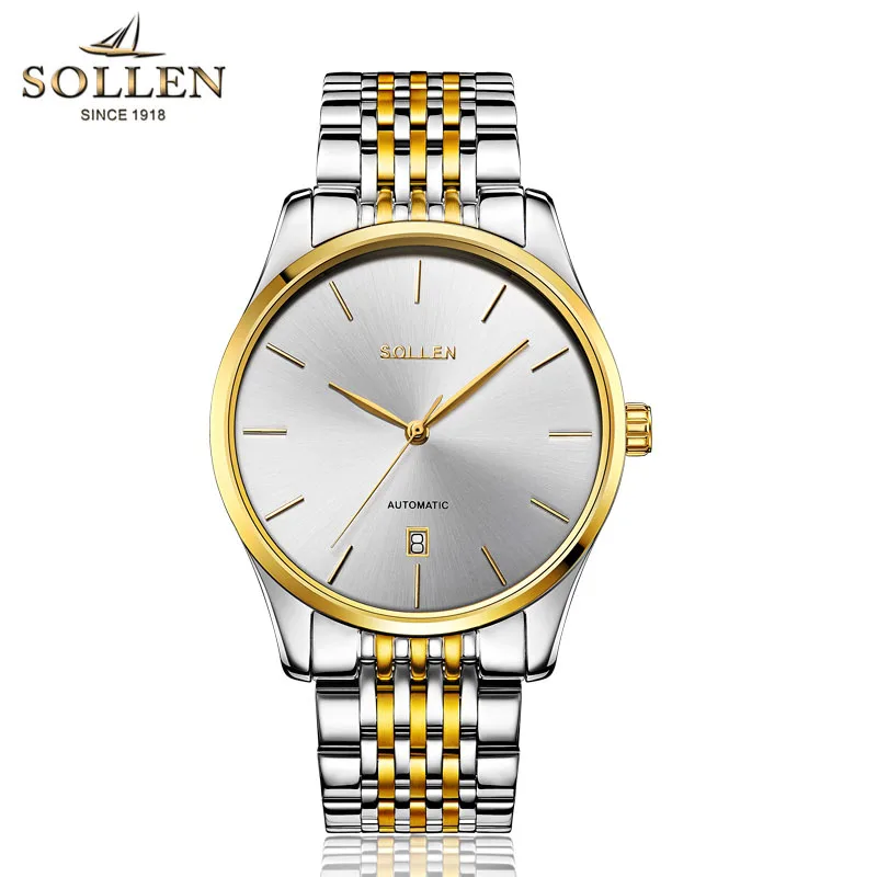 Gold White SOLLEN мужские s часы лучший бренд класса люкс автоматические механические часы мужские черные Полные стальные деловые водонепроницаемые модные спортивные часы - Цвет: Gold White