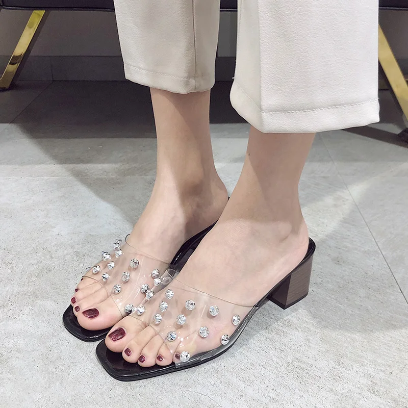 Летние прозрачные шлепанцы женские туфли без задника на каблуке средней высоты