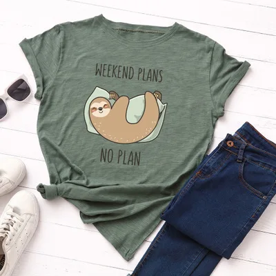 army green SINGRAIN, забавная женская футболка, сонный Ленивец, новинка, большой размер, животные, базовые Топы, свободные милые Мультяшные футболки, летняя хлопковая Футболка с принтом - Цвет: army green