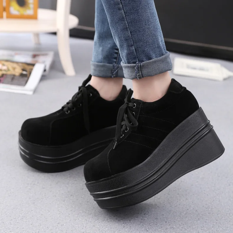 women platform sneakers suede spring new hick bottom all black round head high heel causal shoes zapatos de mujer