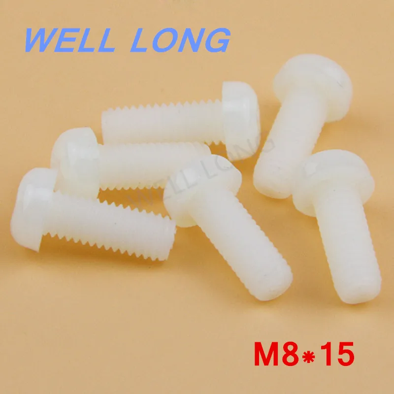 

100pcs/lot M8*15mm White Round head cross nylon screws, pan head plastic screws, plastic bolts.